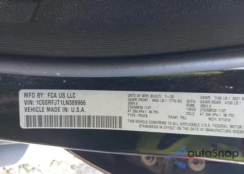 2020 Ram 1500 Laramie 4X4 5'7 Box z USA, uszkodzony, nr VIN 1C6SRFJT1LN389966